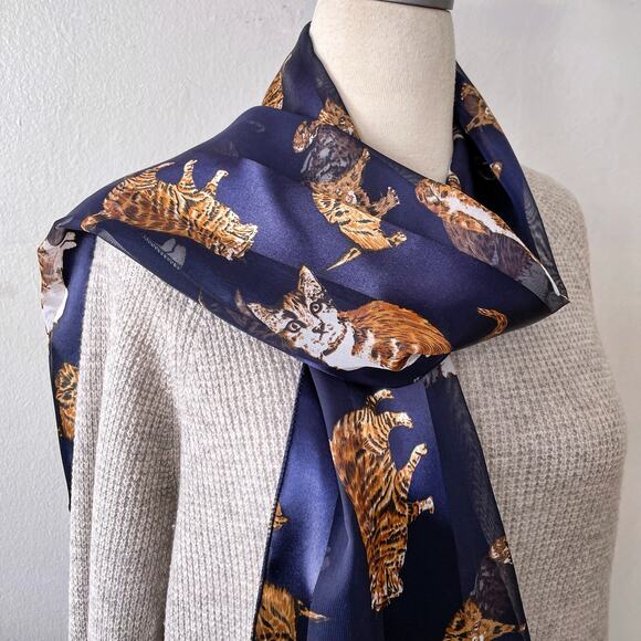 Vintage Animal Print Cats Scarf Wrap Semi Sheer Striped Blue White Orange Satin - Picture 6 of 9